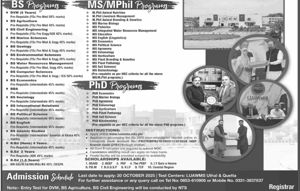Admission notice for Lasbela University Of Agriculture, Water And Marine Sciences, Lasbela